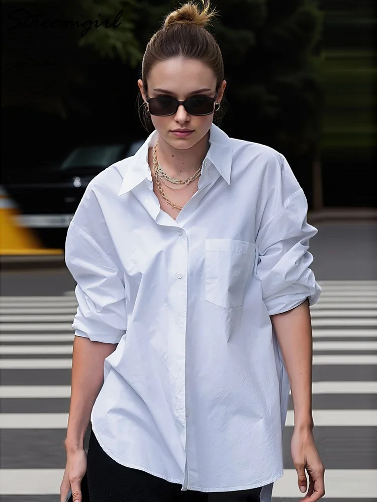 

Минималистичные рубашки Streamgirl для женщин, свободные рубашки из 100% хлопка белого цвета, базовые свободные рубашки, рабочие топы для женщин, офисные блузки, элегантные рубашки