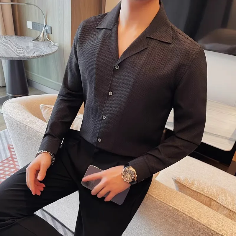 2024 Spring Plaid Pattern V-neck Shirt for Men Brand Slim Casual Business Formal Dress Shirts Tuxedo Blouse Social Men Clothing