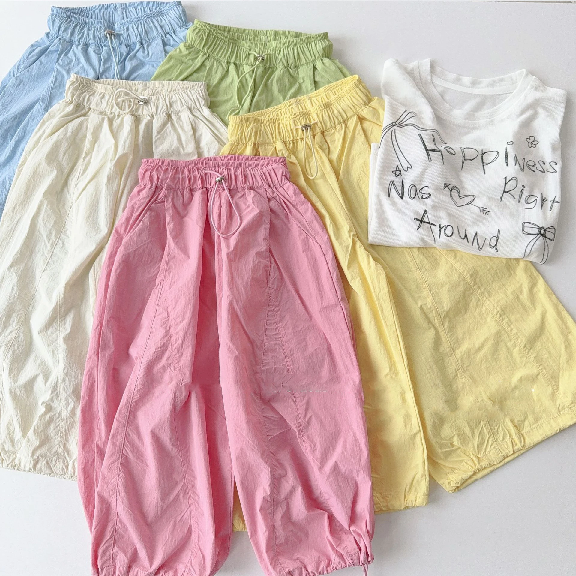 

Новинка лета 2024, детские свободные брюки, однотонные тонкие повседневные брюки для девочек, хлопковые дышащие универсальные брюки-карго для мальчиков, детская одежда