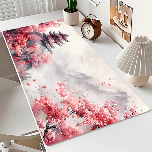 Alfombrilla de ratón grande con diseño romántico de flores de cerezo y pagoda, alfombrilla de escritorio con borde cosido, alfombrilla antideslizante duradera para juegos, tapis de souris
