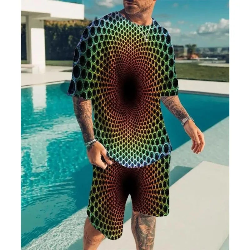 2025 Optical Illusion Pattern T-shirt 2-piece Set Fashion Men's Summer T-shirt Set New Men's Round Neck T-shirt Set 3D Printing