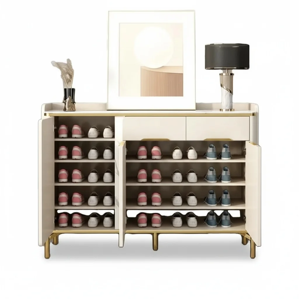 

Italian Shoe Cabinet, Solid Wood Shoe Rack with Marble Top, Stainless Steel Base, 62.6 Inch Luxury Shoe Organizer, Large Storage
