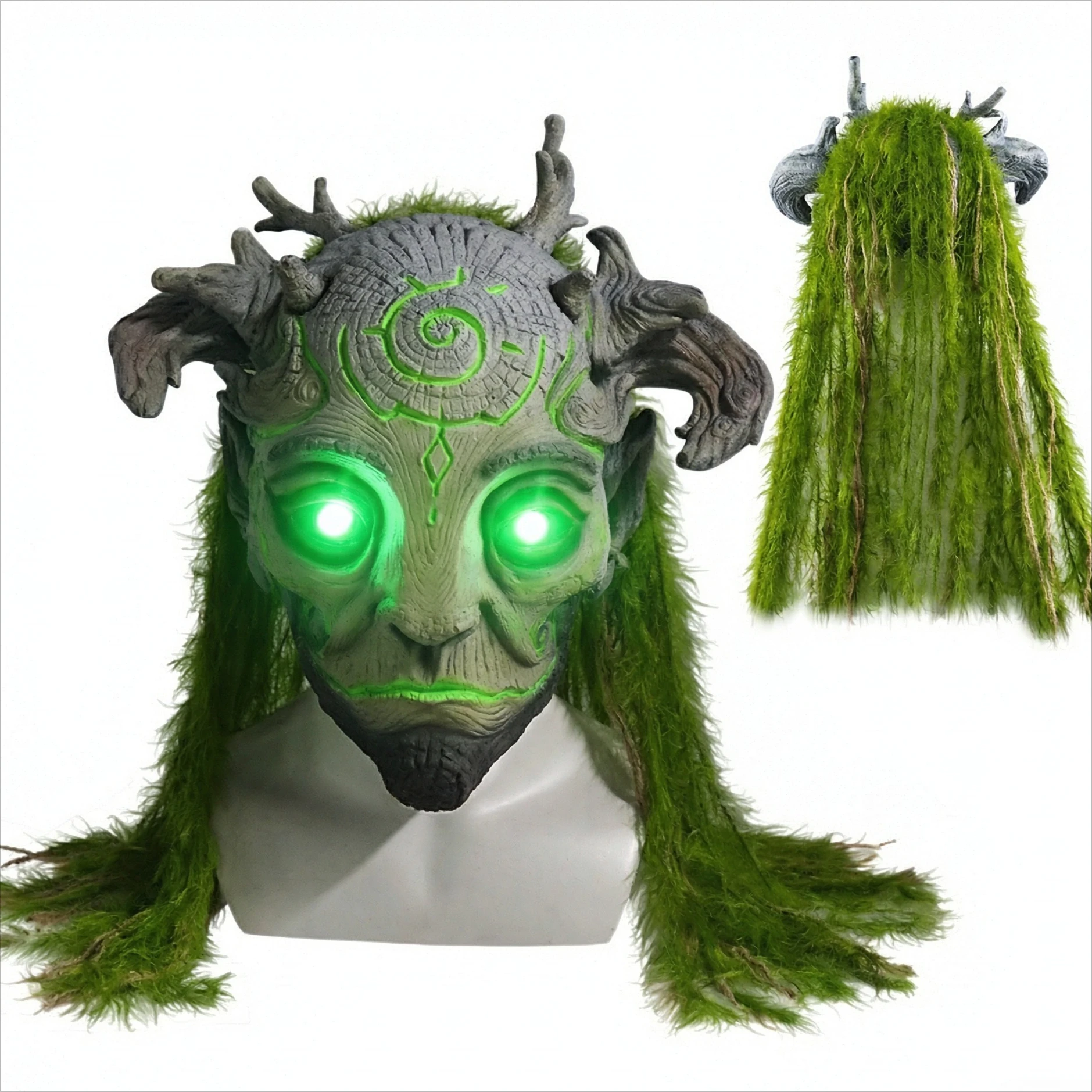 Halloween Glowing Forest Tree Man Mask, Full Latex Headgear with Antlers Mossy Long Hair for Fantasy Forest Elf Cosplay Props