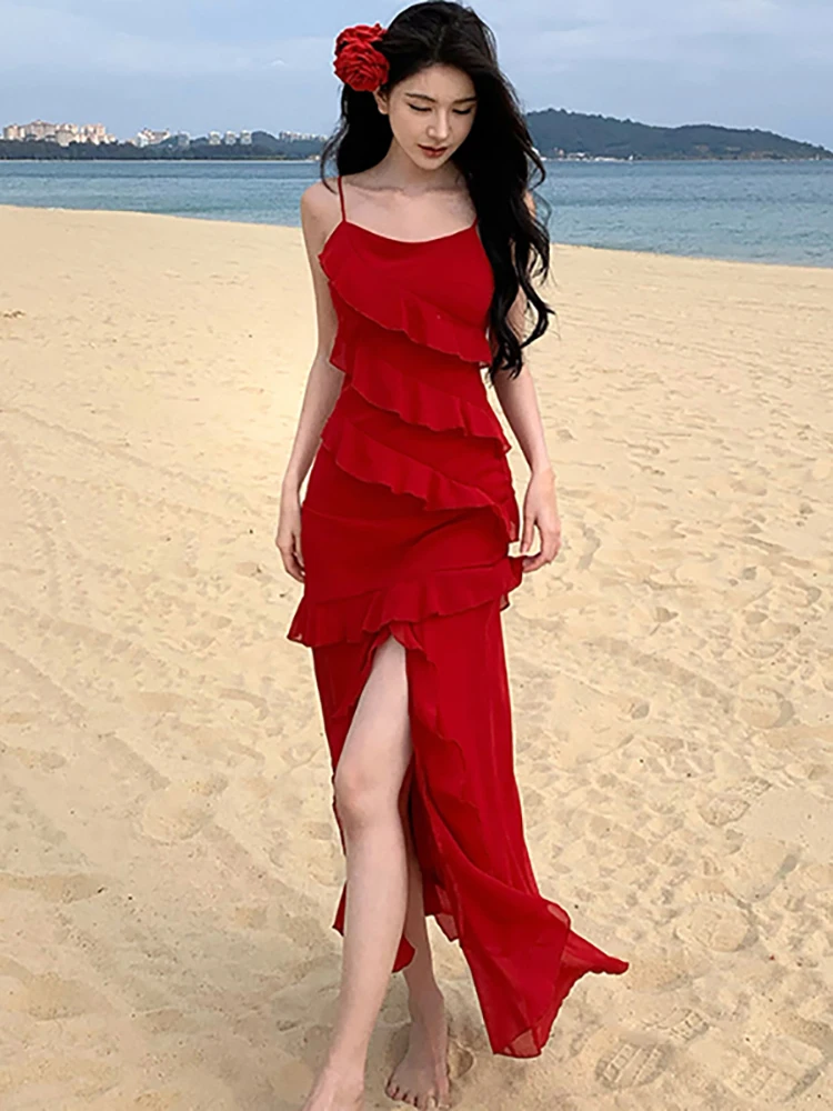 

Women Red Elegant Ruffled Luxury Long Dress Summer Korean Fashion Chic Sling Sexy Dress 2025 New Beach Style Casual Party Dress