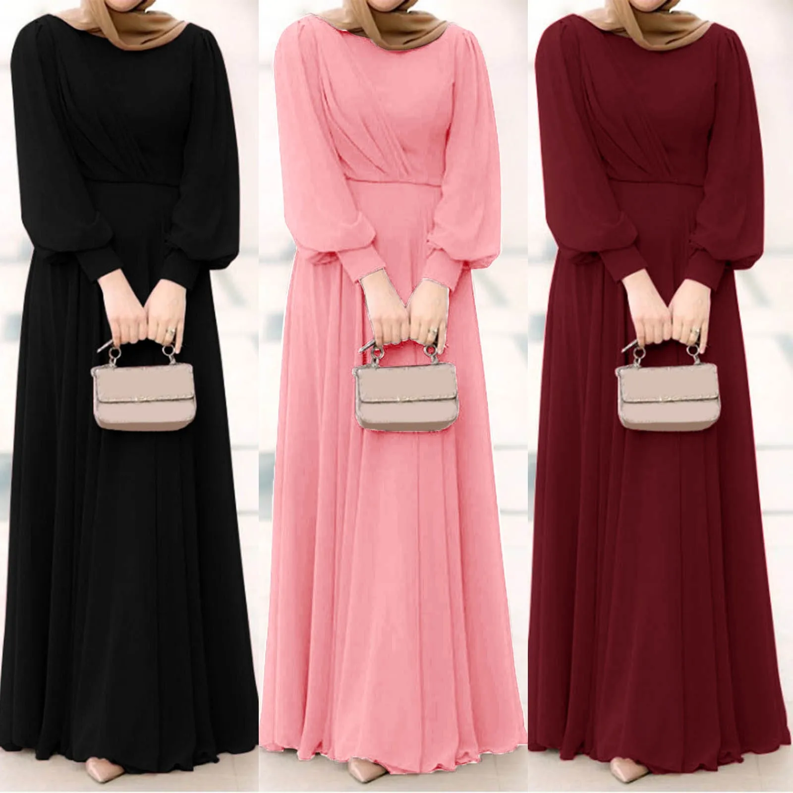 Elegant Abaya Dubai Muslim Women's Maxi Dress Solid Color Puff Sleeve Casual Pleated Temperament Dress Turkey Islamic Clothing