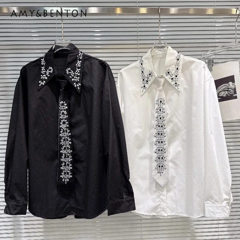 

Новая модная блузка-рубашка весна 2026 с индивидуальным дизайном, стразами, однотонная, свободного кроя, с длинными рукавами, на одной пуговице, с тщательной отделкой