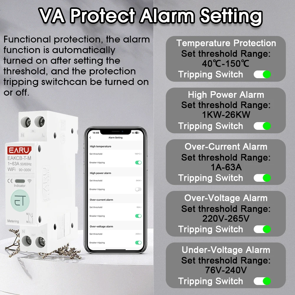 Tuya WiFi Smart Circuit Breaker MCB 1P+N 63A Timer Power Energy kWh Voltage Current Meter Protector Voice Remote Control Switch