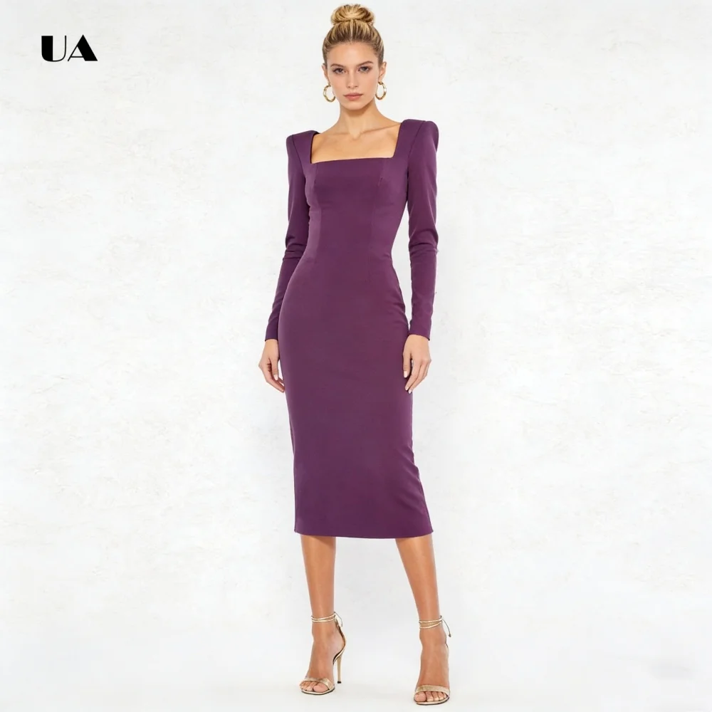 

ULBYANRY Elegant Sheath Prom Dress with Square Collar Solid Long Sleeve Evening Dresses for Women Mid-calf Customized Party Gown