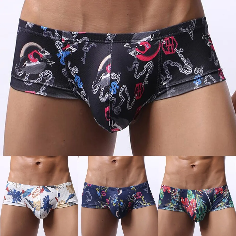 Men Sexy Printed Lingerie Thong G-string Bulge Pouch Underwear Low-waist Underpants Man Breathable Panties Bikini Elastic Briefs