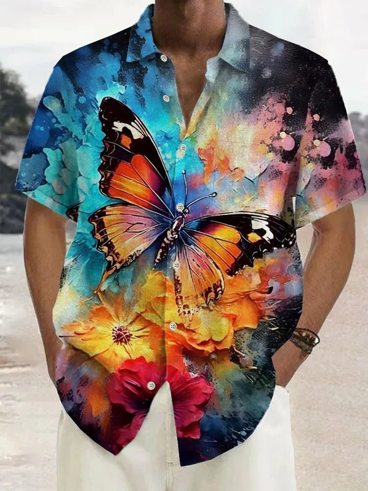 Summer Men's Hawaiian Shirts 3D Printed Butterfly Button Up Art Short Sleeve Tee Tops Fashion Beach Shirt Vacation Daily Shirt