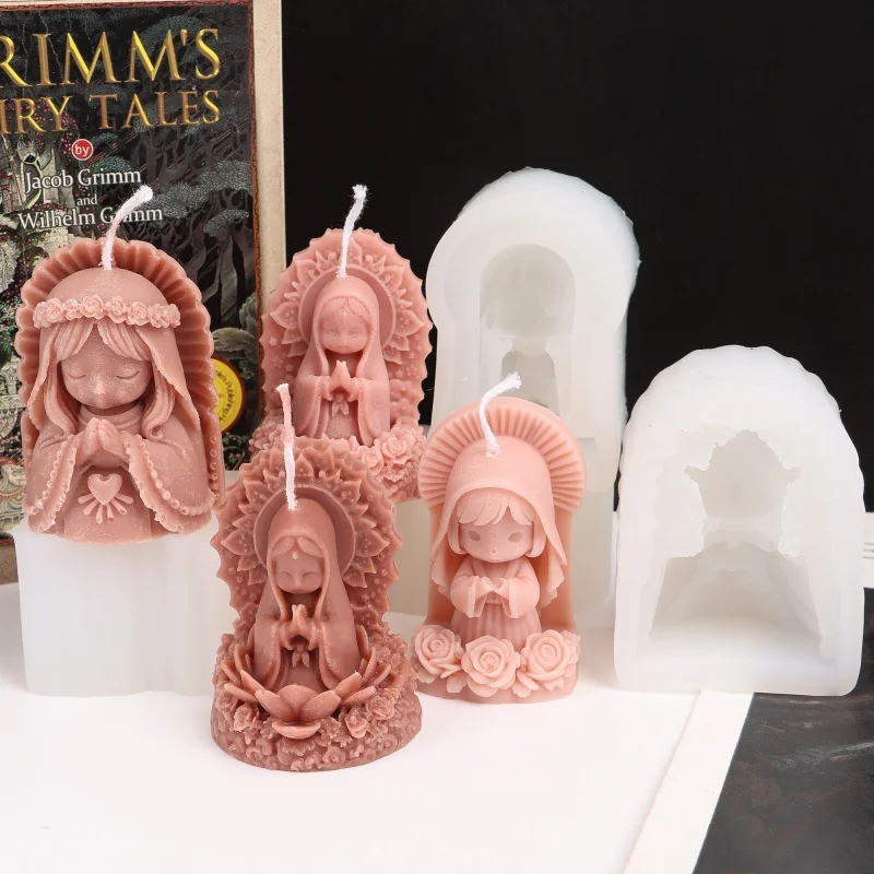 3D Mini Jungfrau Maria Silikon-Kerzenform Lotus Gebet Madonna Religiöse Epoxidharz-Seifenform Betende Rose Heiligenform Heimdekoration