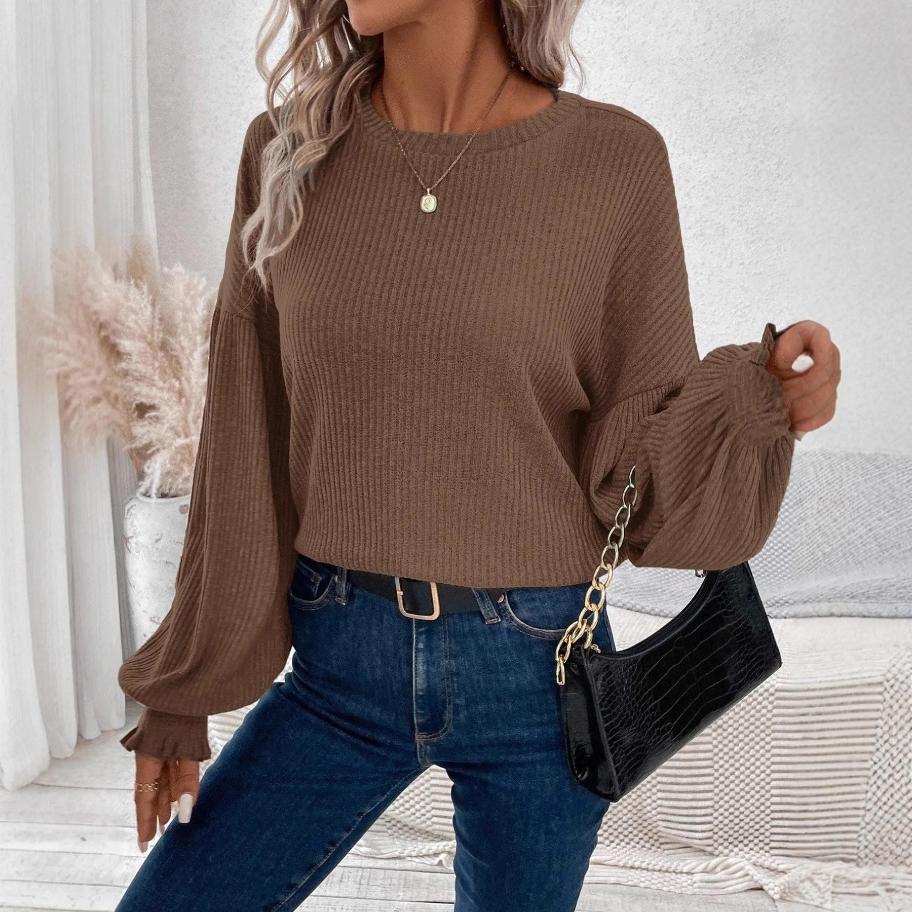 2025 Tops Casuales Solid Color Round Neck Loose Knitted Sweater Women's Autumn Winter Long-sleeved Pit Strip Casual New Pullover