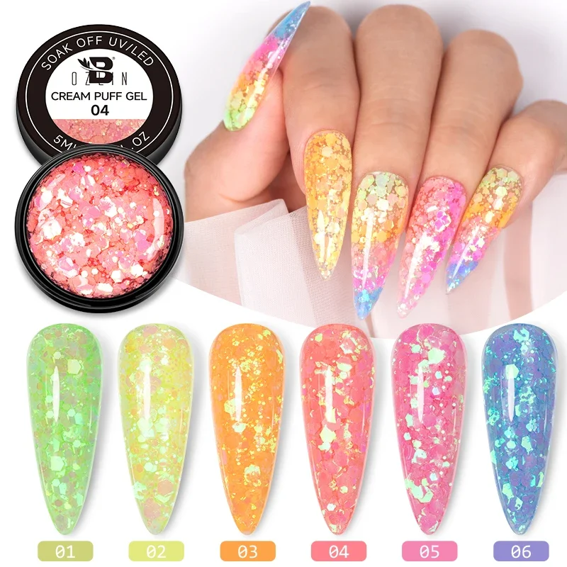 BOZLIN 5ml Neon Fluorescent Cream Puff Gel Color Sequins Pink Shining Glitter Starry Platinum Nail Enamel Long Lasting Time Nail