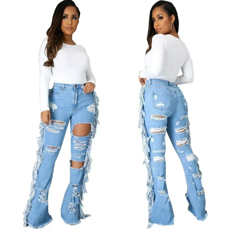 

Denim Pant Women Tassels Hole Jeans Flare Pants Slim Fit Streetwear Solid Button Zipper Trousers Splice Lady 2025 Summer