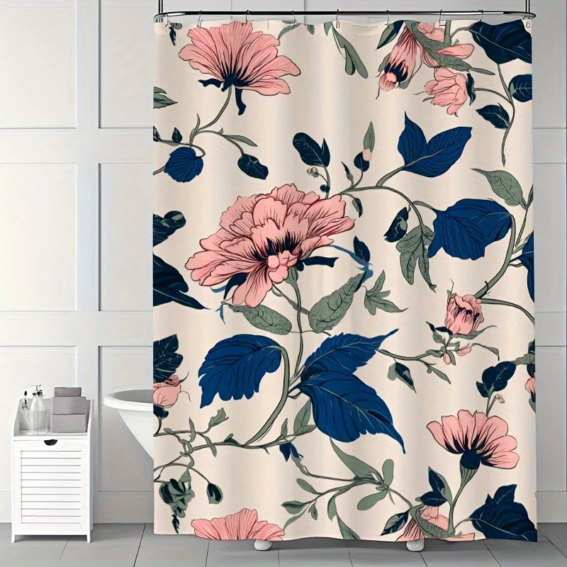 

1 шт. романтическая занавеска для душа с розовым и синим цветочным принтом, полиэфирная ткань, можно стирать в машине, подходит для украшения ванной комнаты