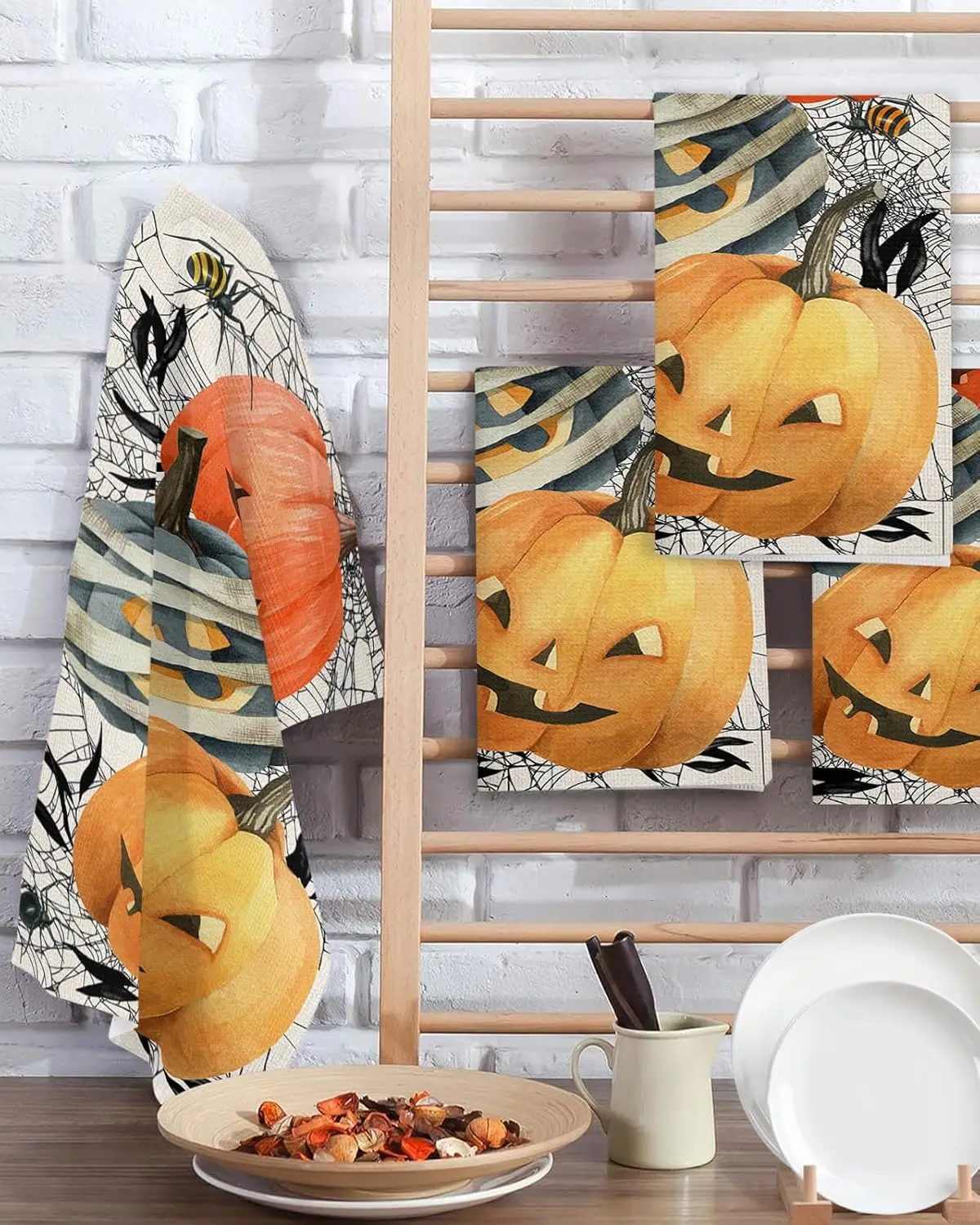 

Хэллоуин оранжевый синий желтый тыквы черная сетка кухонные полотенца принадлежности для чистки впитывающих полотенец для рук набор украшений для дома