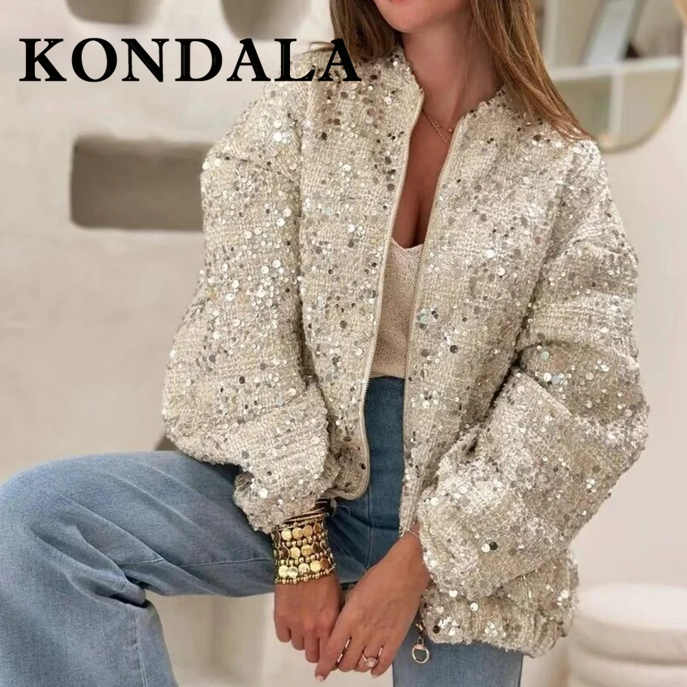 

KONDALA Chic 2025, осенняя винтажная уличная одежда, повседневные женские куртки с блестками, вечерние свободные куртки на молнии с круглым вырезом, модная женская повседневная верхняя одежда