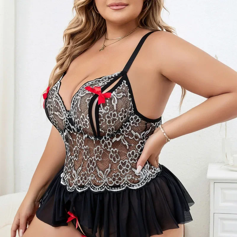 Set di lingerie sexy coniglietto, canotta in pizzo, camicia da notte seducente, mutandine intimo modellante ricamate Bblack