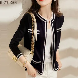 Women Knitted Cardigan Coat Contrast Color O-Neck Long Sleeve Top 2024 New Elegant Lady Striped Knitting Sweater Jacket Female