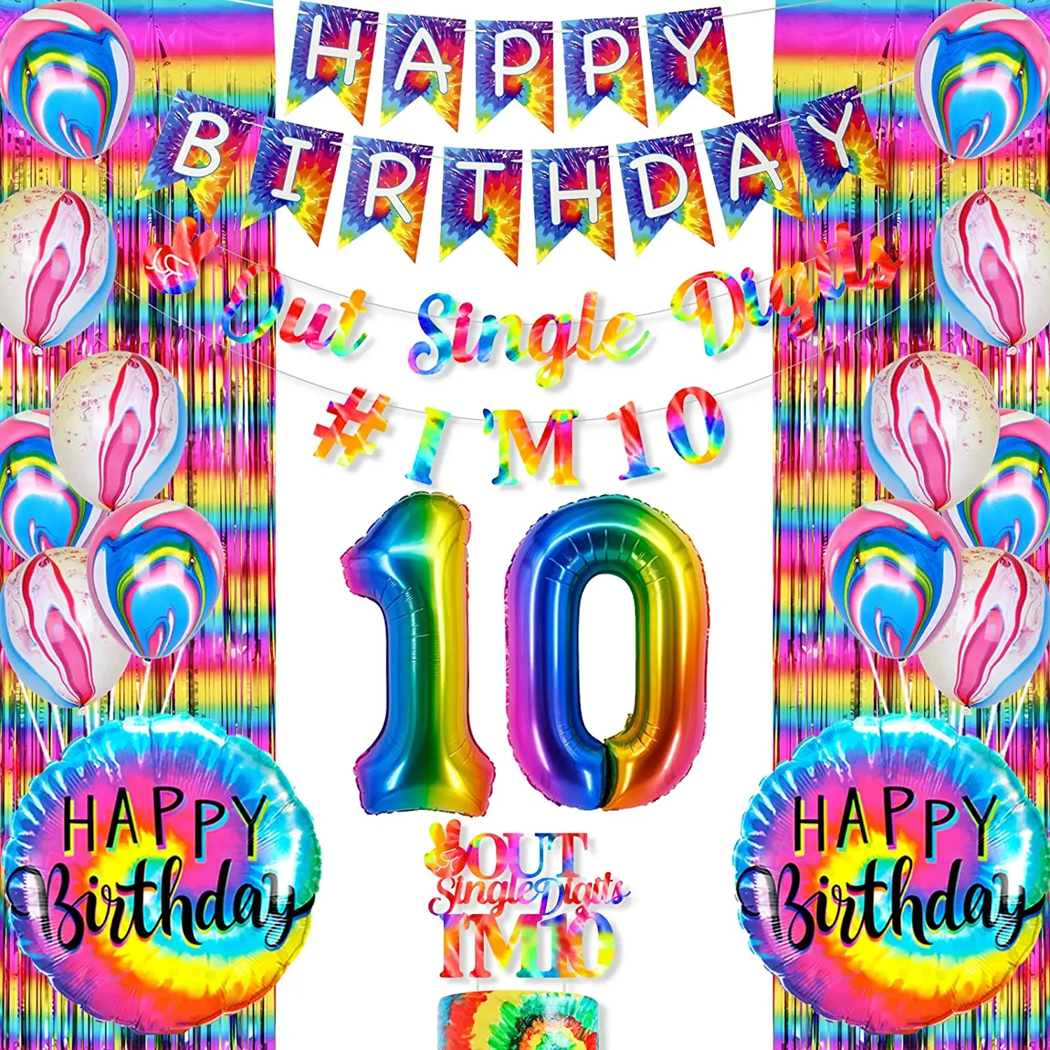 

Tie Dye Birthday Decorations for Girl, Double Digits, Birthday Supplies, Rainbow Out, Single Digits, I'M 10 Banner Balloons