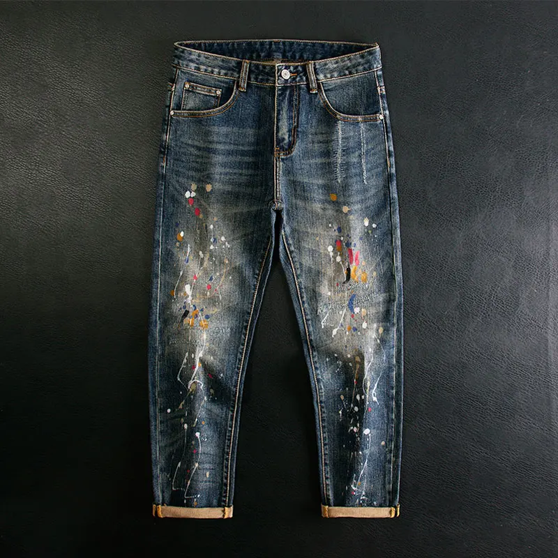 

Уличные дизайнерские модные мужские джинсы в стиле ретро, синие эластичные облегающие рваные джинсы с окраской, мужские винтажные джинсовые брюки с вышивкой и заплатками