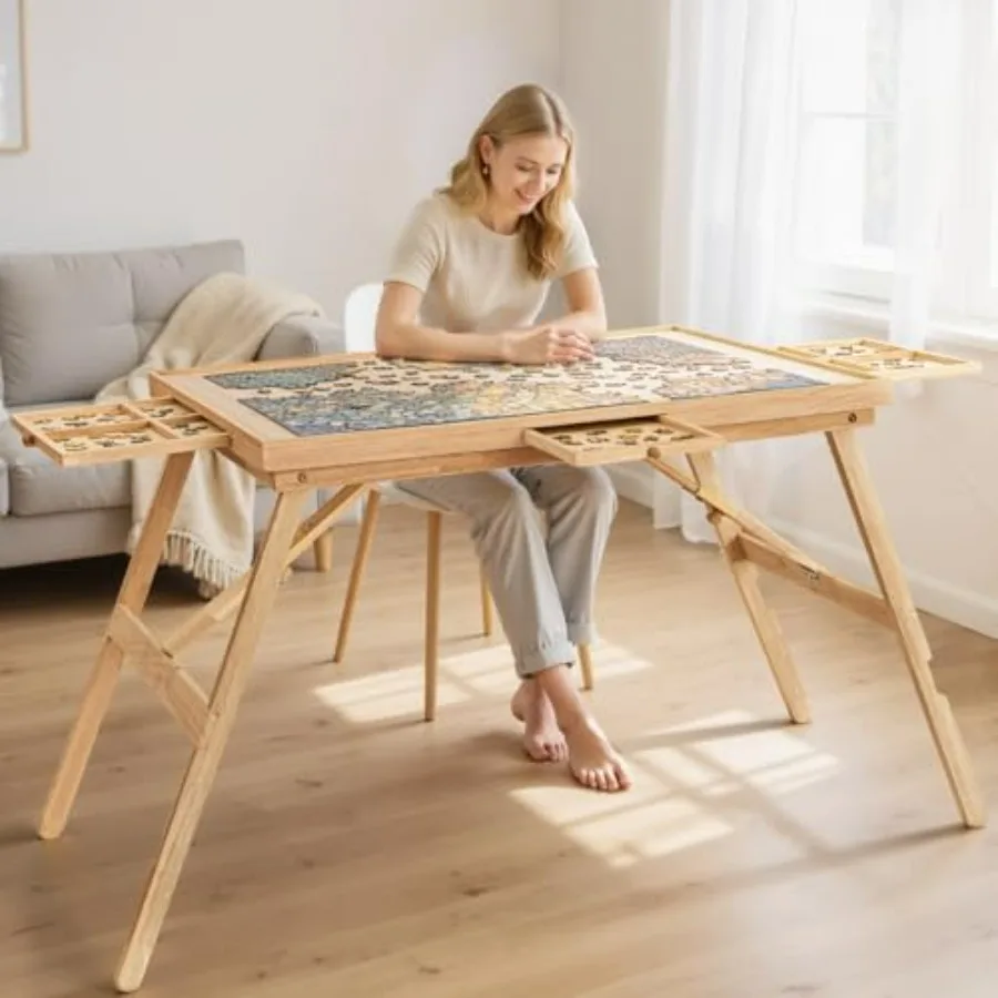 

Jigsaw puzzle table for adults, wood, natural color, 1500-piece capacity with folding design, drawers, and cover