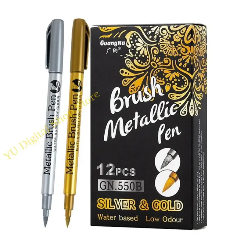 

96BA 12Pcs/set Permanent Oil Based Paint Markers Rock Painting, Stone, Ceramic, Glass, Fabric Golden/Silver Paint Pens