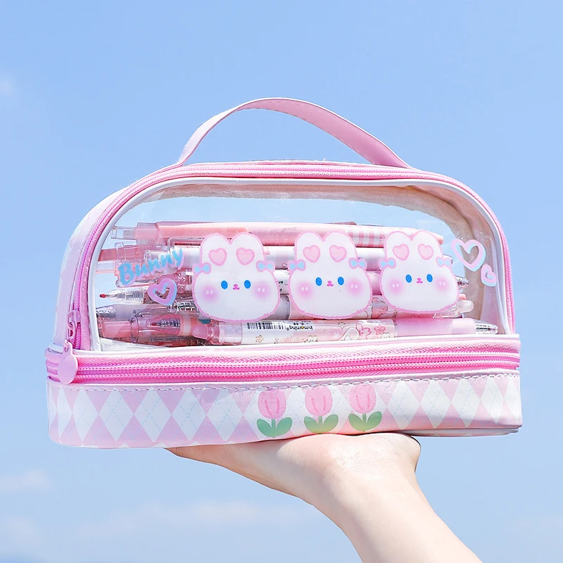 Portable Cute Cartoon Large Capacity Pencil Case Student Handheld Pen Bag Storage Bag Student Stationery Box Makeup Bag