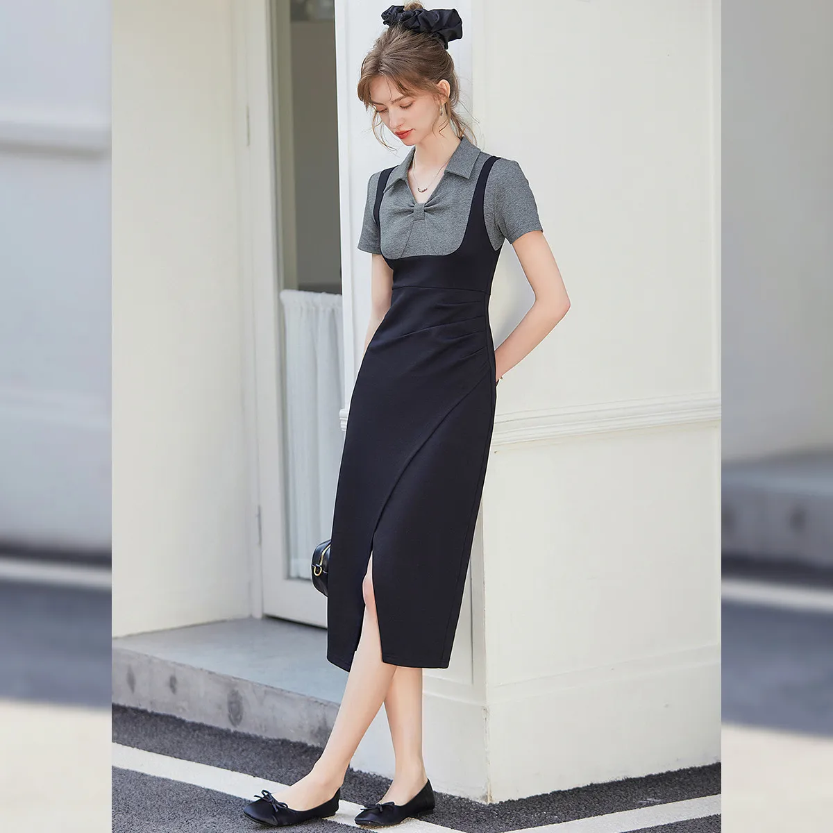 LOUIS YAO 2025 verano Color contrastante empalme falda larga dividida elegante adelgazante cuello largo vestido de mujer de manga corta