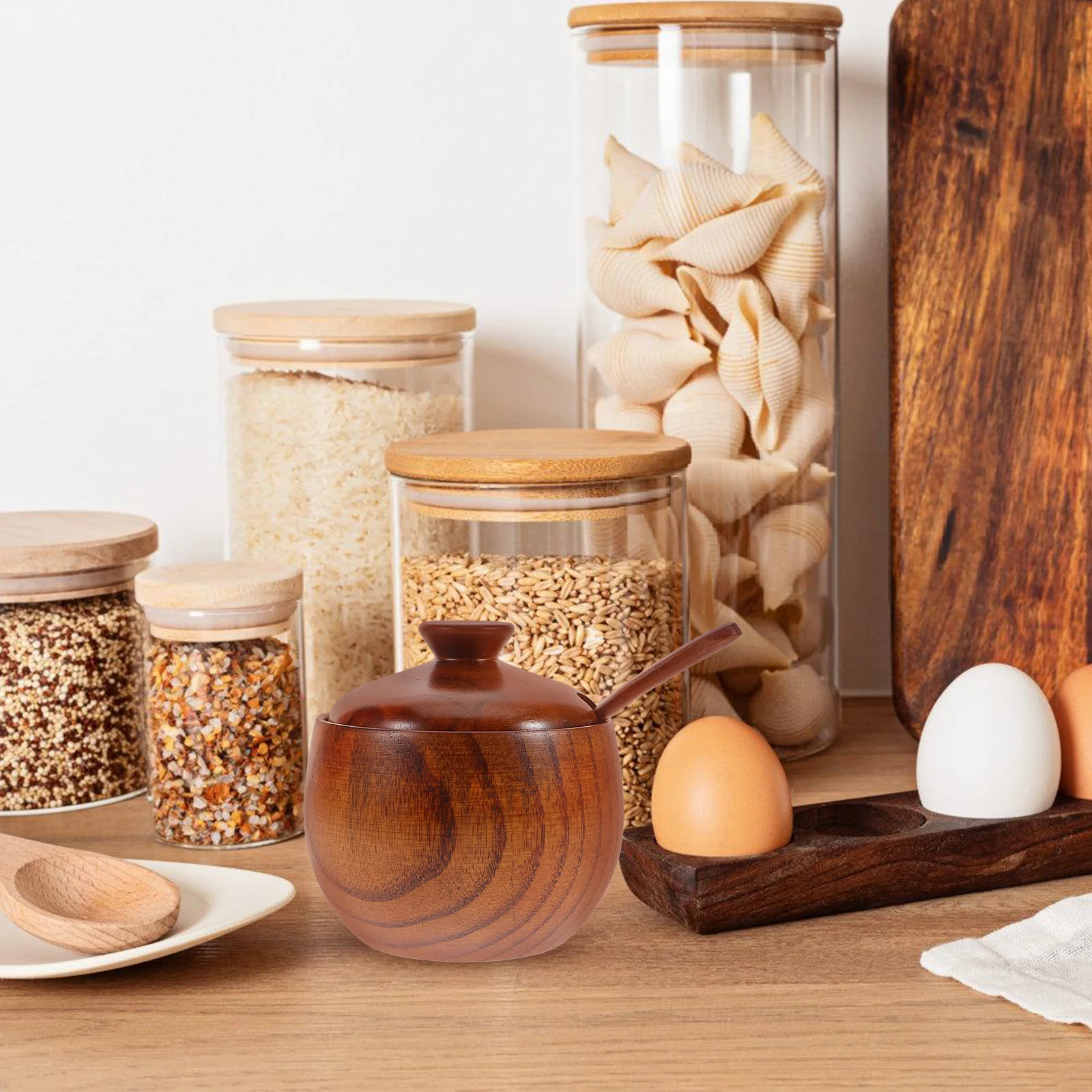 

Wooden Spice Jar Salt Sugar Container Vintage Bowl Lid Spoon Kitchen Canisters Brown Seasoning Pot Glass Storage Tea Coffee