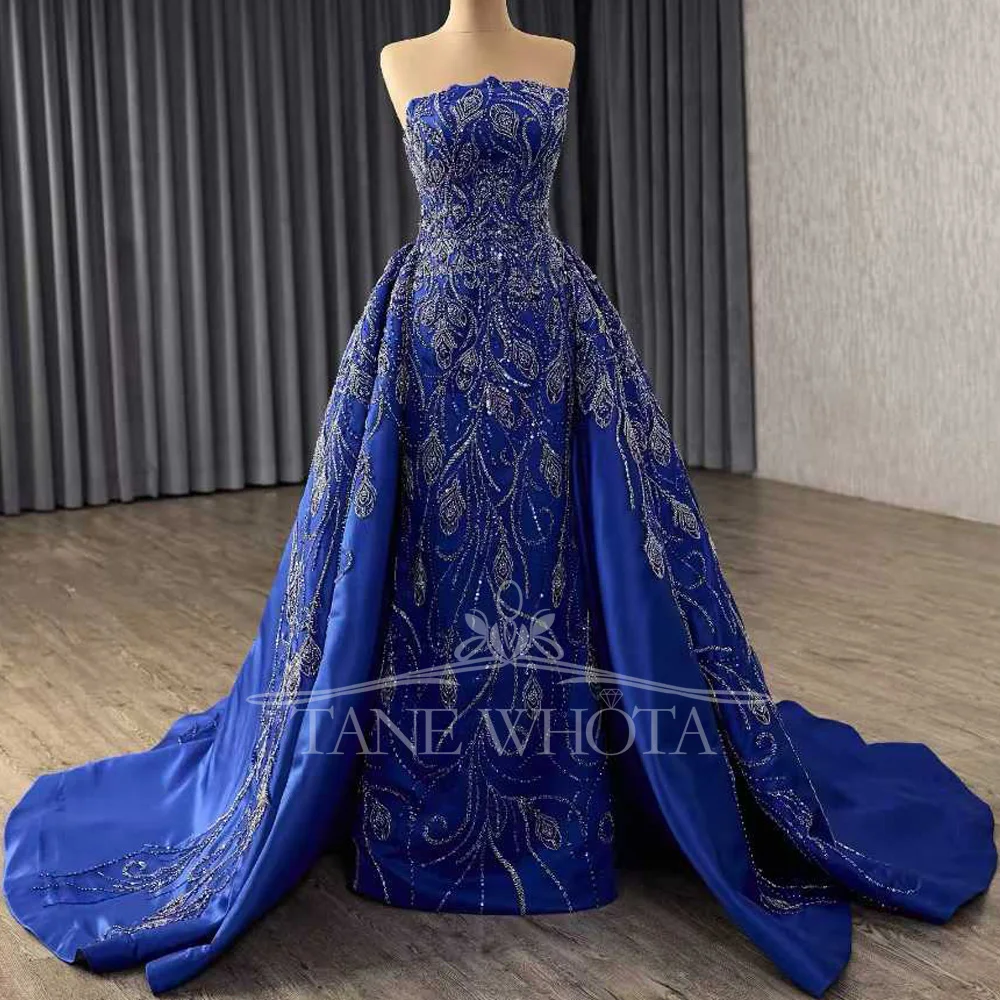 Blaues trägerloses, ärmelloses Abendkleid mit Schnürung am Rücken, Perlenstickerei und Pailletten, anpassbares Kleid für besondere Anlässe für Frauen