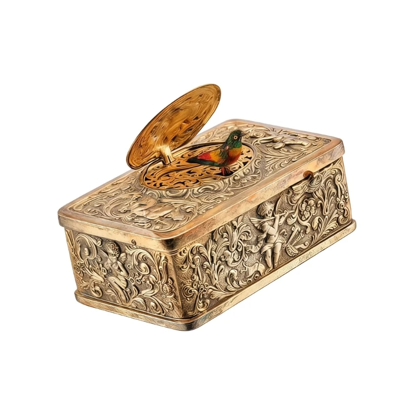  Classical Wind Up Singing Bird Decorative Music Box with European 3D Embossed Pattern Alloy Construction Ornament Gift