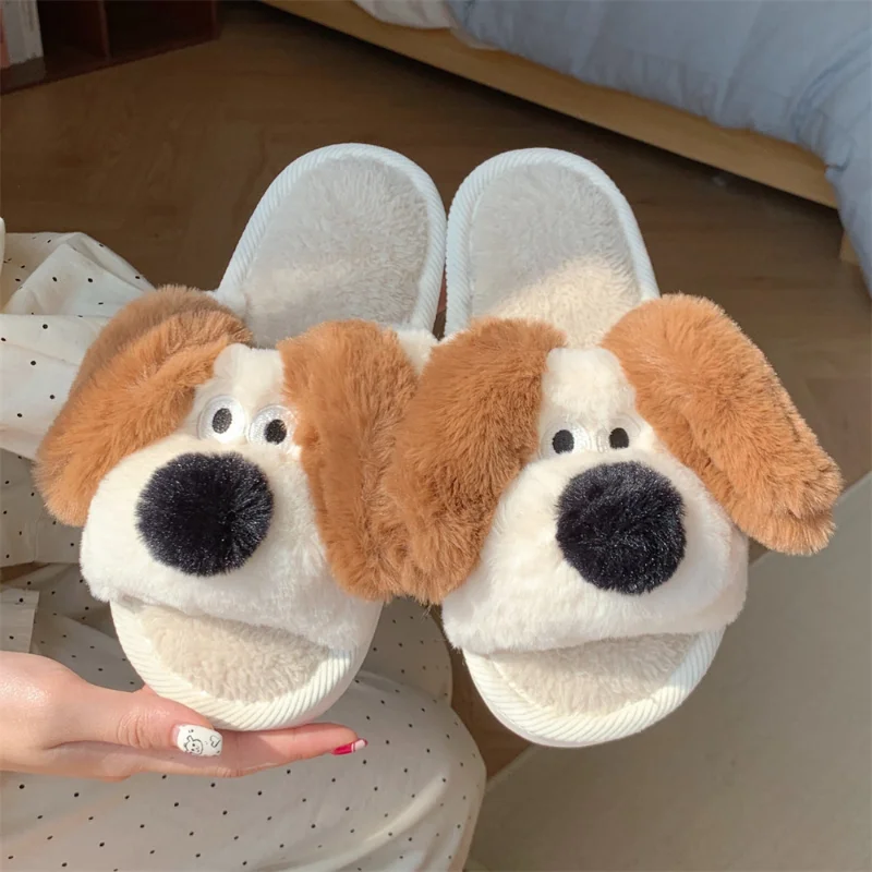 Women Winter Home Indoor Casual Slippers Female Dog Cute Fluffy Shoes Fashion Design Ladies Non-slip Indoor Soft Plush Slippers