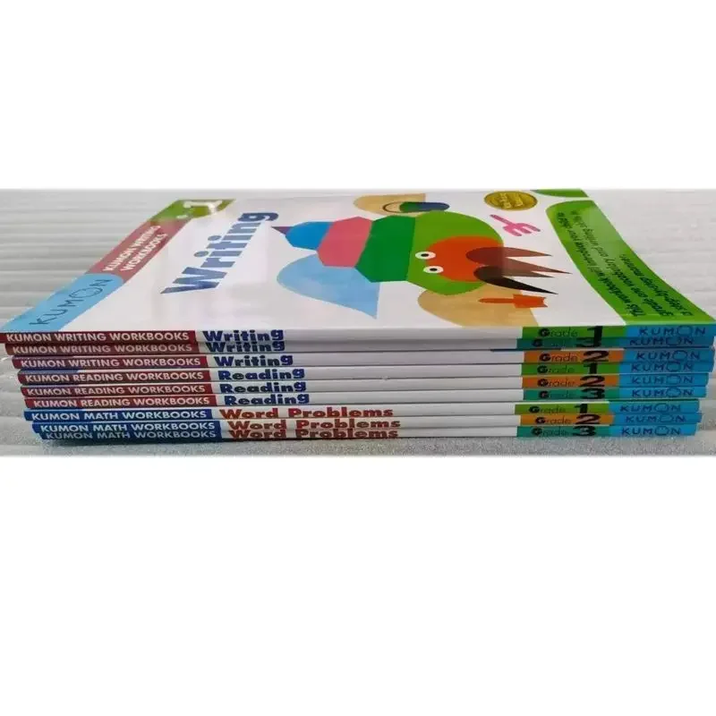 9 Books/set Kumon Document Style Education Math + Writing + Reading Exercise Book for Grades 1-3