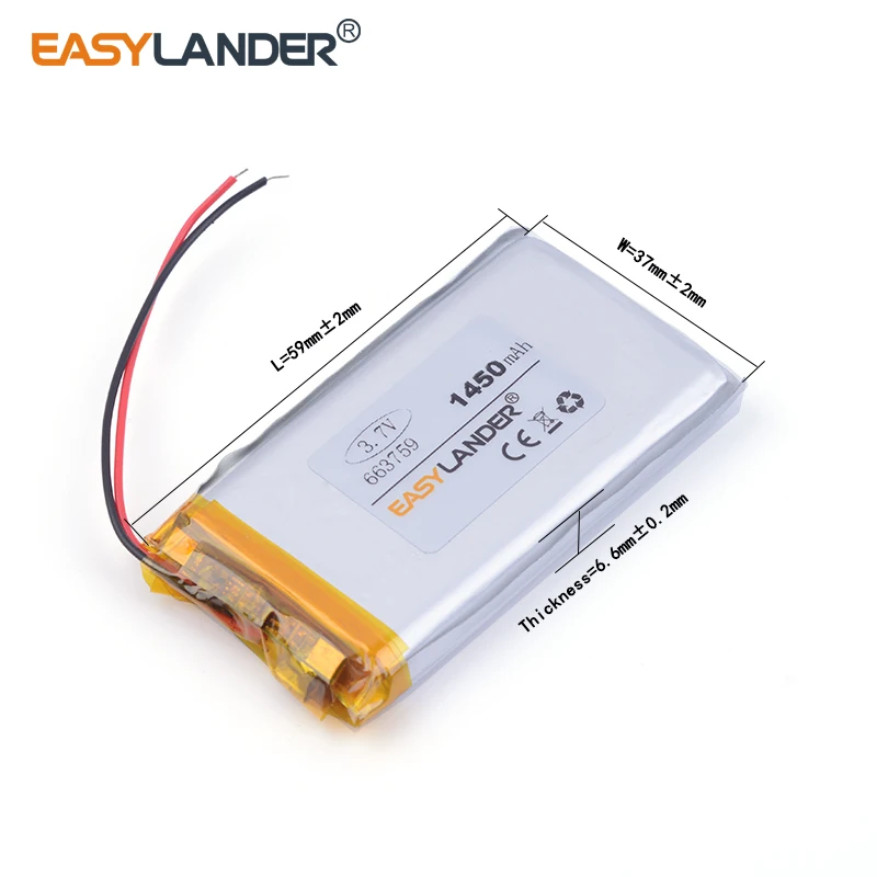 10pcs/Lot 663759 1450mah 3.7v lithium Li ion polymer rechargeable battery For MP4 PSP GPS Digital Product andorid phone toys PDA