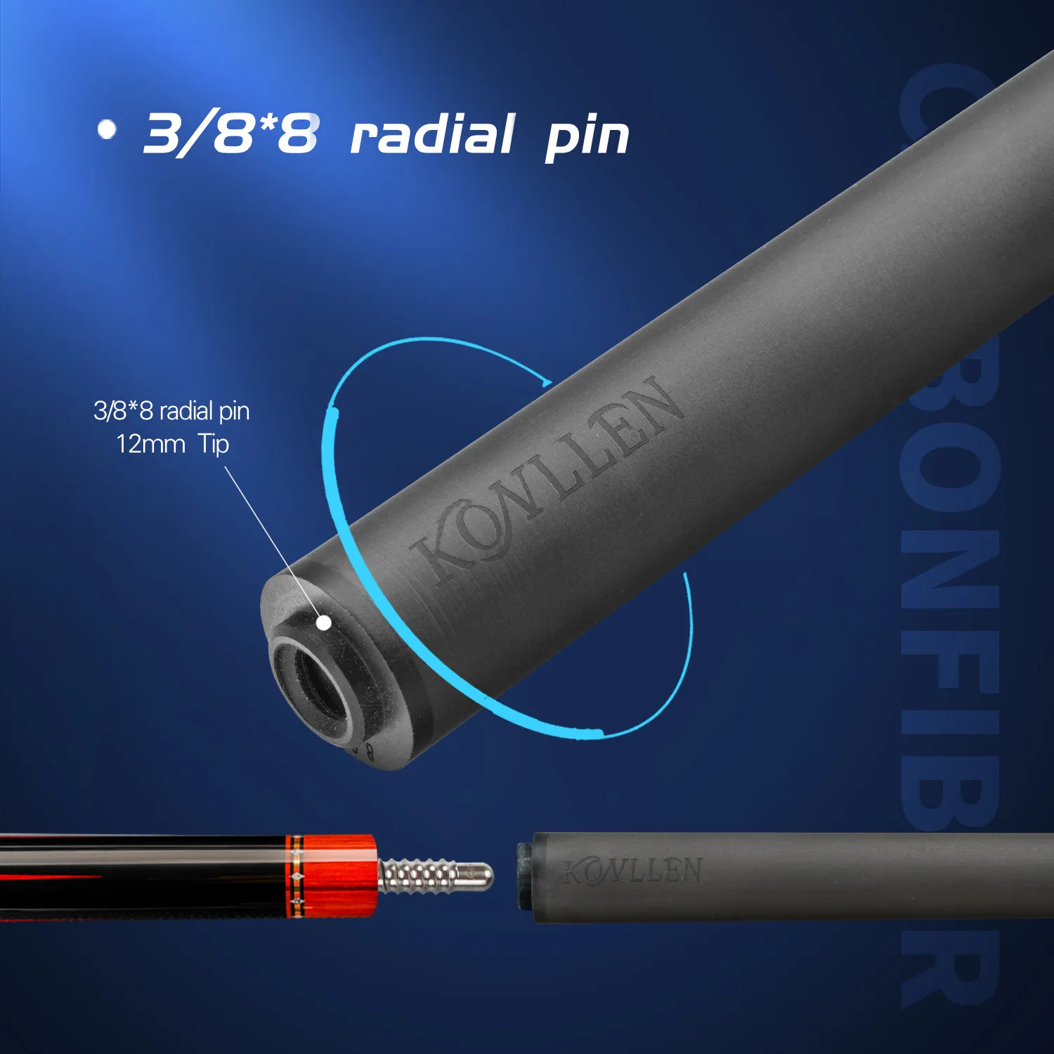 KONLLEN-Carbon Fiber Billiard Cue Stick Shaft, Carom, Libre Cue Stick, Uni-Loc, Radial, 3/8*8 Pin Joint, Single Shaft for PERI