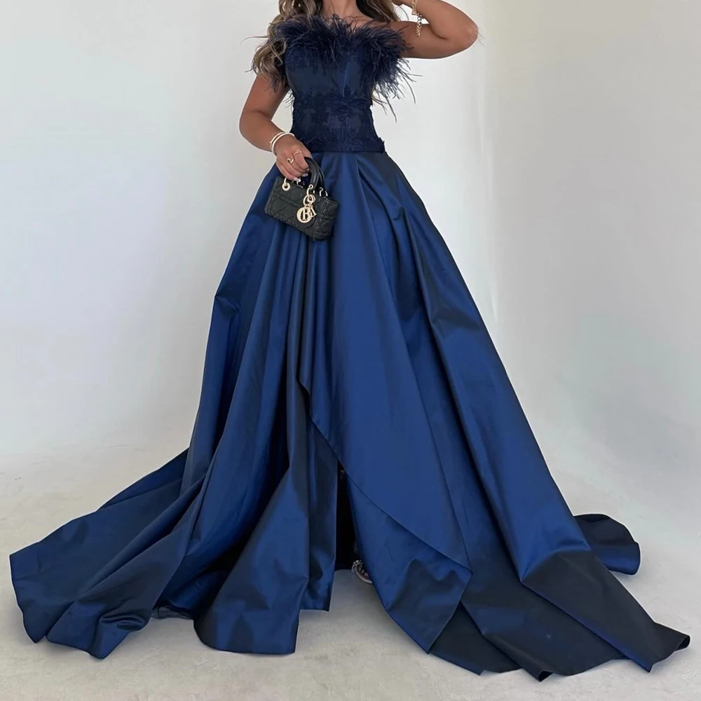 

Customized Modern A-Line Floor Length Strapless Jersey Sleeveless Feathers Evening Dress Fashion Photo Color vestidos para mujer