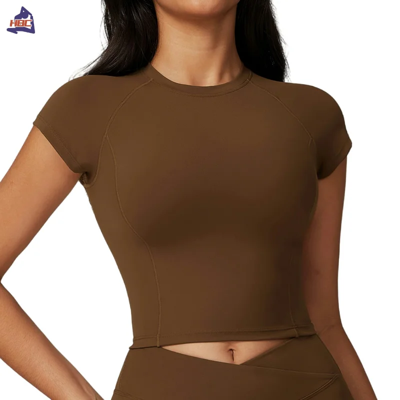 HBC-تي شيرت تدريب صديق للبيئة للنساء ، تي شيرت عالي التأثير ، دفع لأعلى ، تمرين ، بيلاتيس ، لياقة بدنية ، يوجا ، قمة محصول
