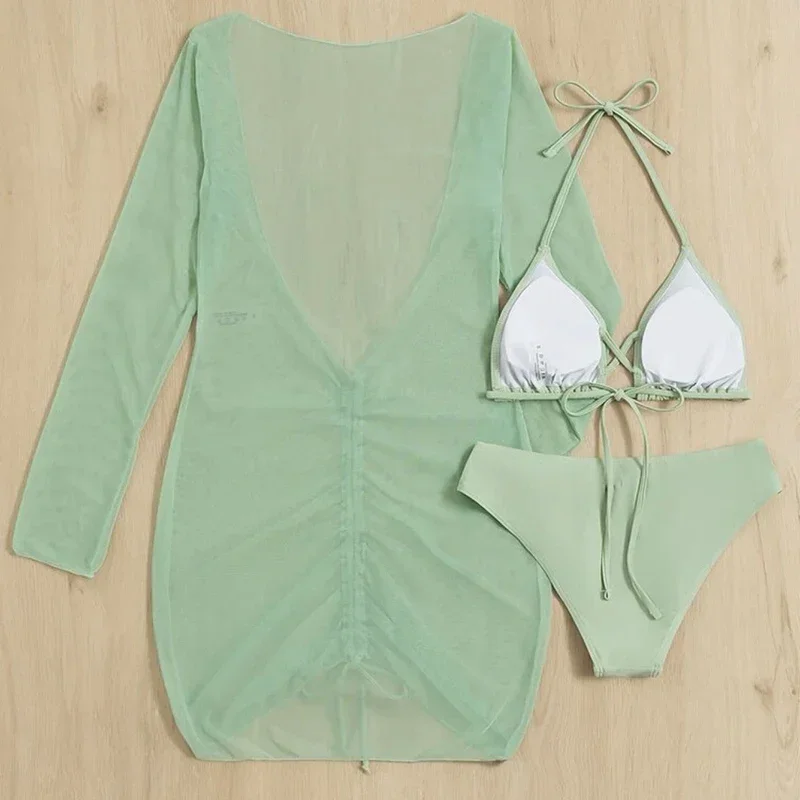 Sexy Badeanzug für Damen, 3-teilig, Push-Up, Neckholder, Dreieck, Tanga, Bikini, Netzstoff, langärmelig, Kordelzug, Vertuschung, Strand-Badeanzug