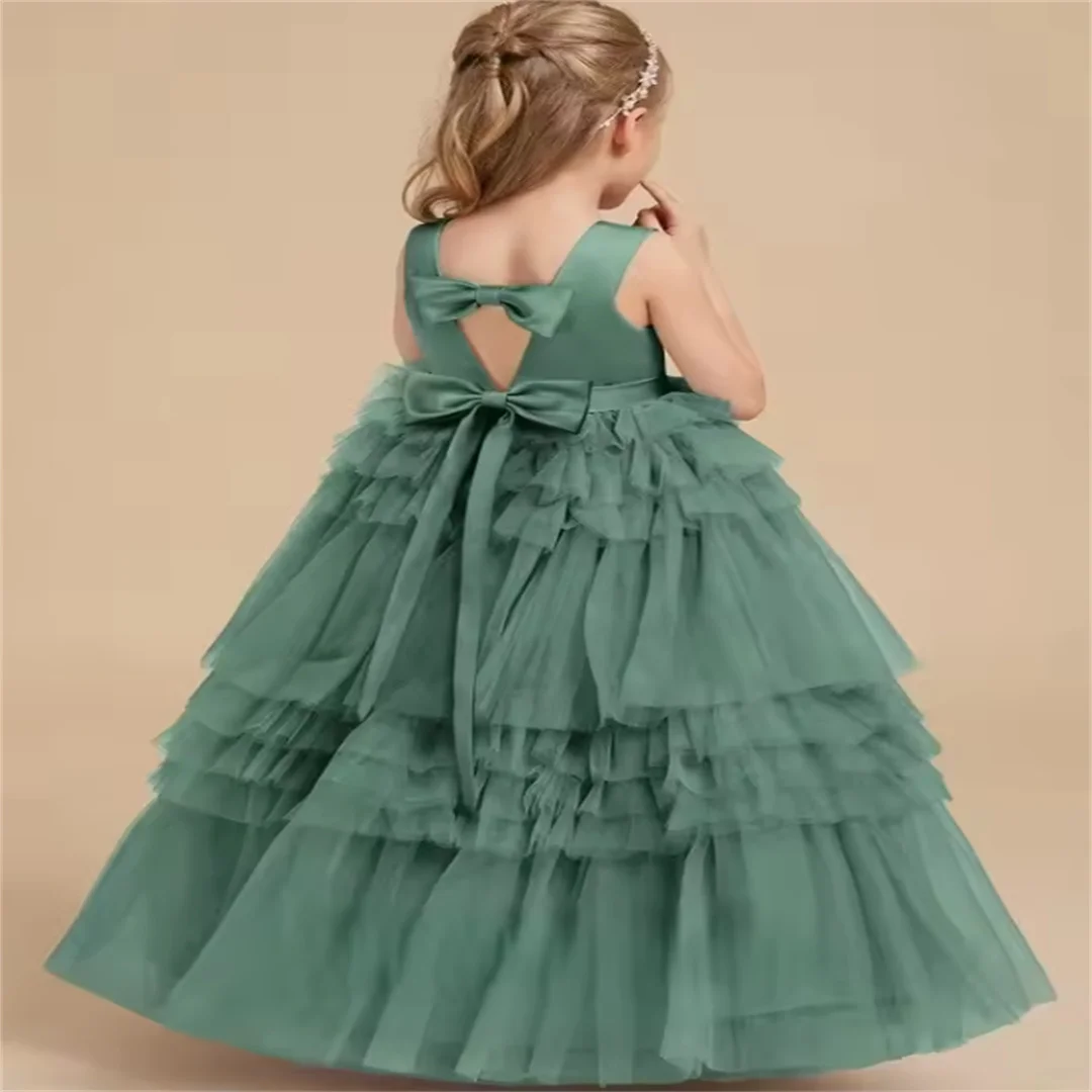 Advanced Custom-Made Satin Top Flower Girl Dress Multi-Layer Pleated Mesh Floor-Length Skirt 2025 Children's Communion Ceremony