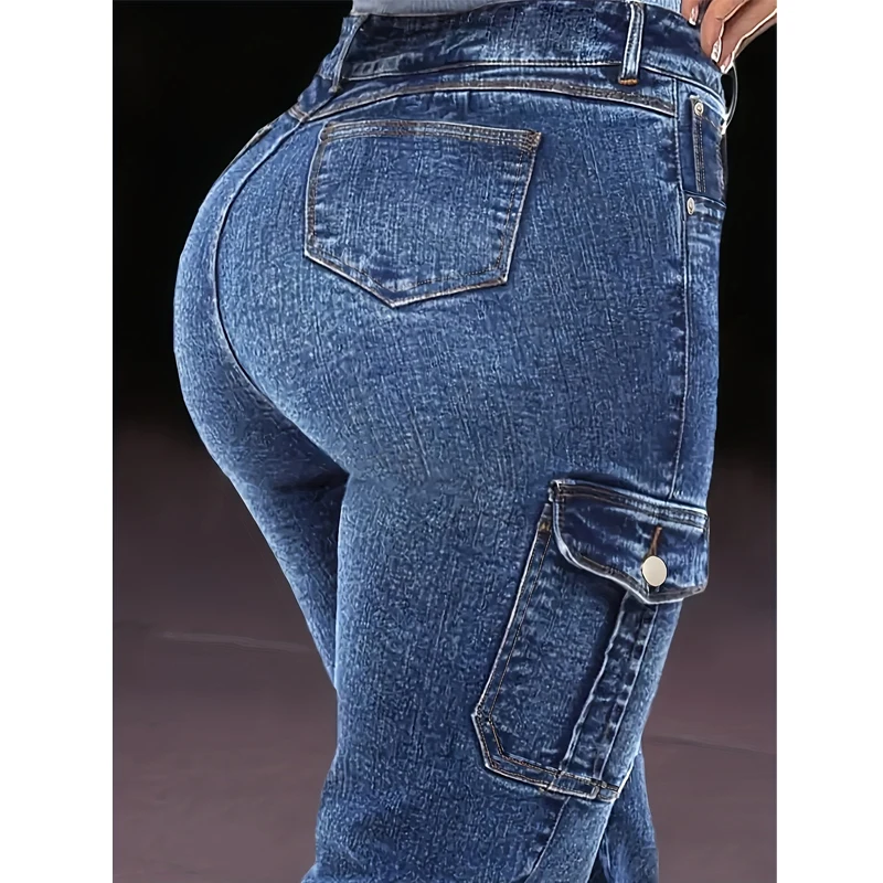 Женские потертые эластичные укороченные джинсы-модные эластичные манжеты, повседневные брюки-карго с несколькими карманами, спортивные джинсы T16