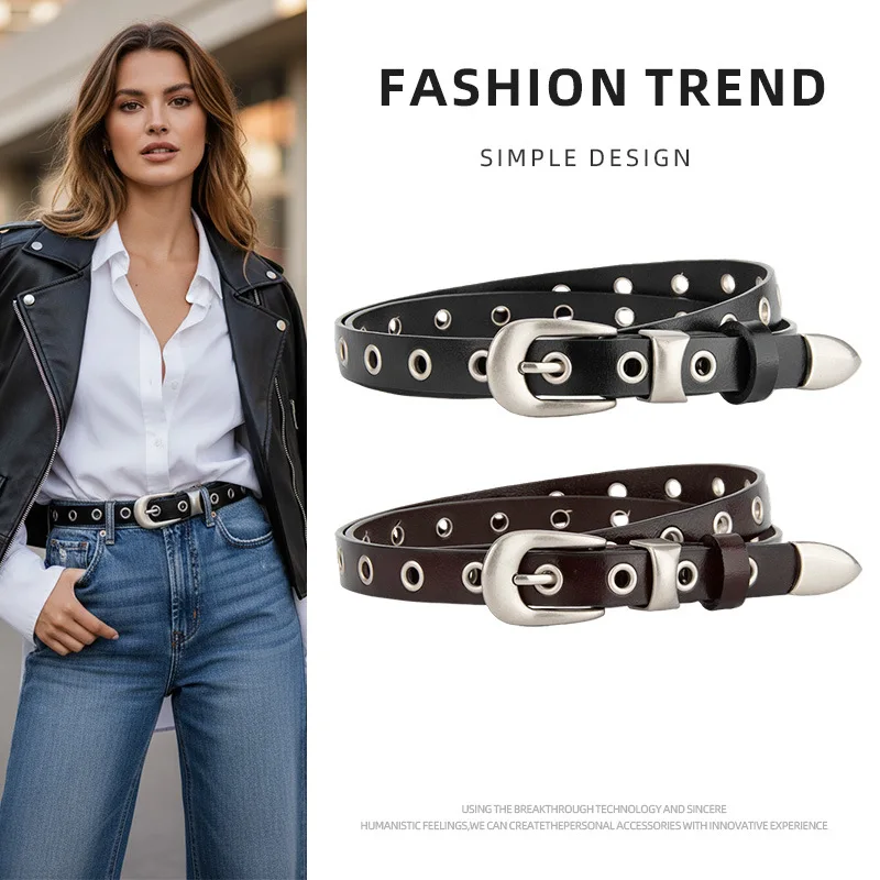 

Fashion Punk Women Leather Belt Small Rivets Metal Buckle Slim Waistband for Pants Shirts