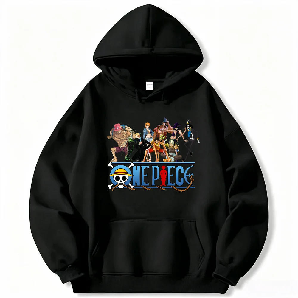 One Piece Straw Hat Pirates Crew Anime Hoodie Unisex Front Print Drawstring Hooded Sweatshirt Kangaroo Pocket Street Top