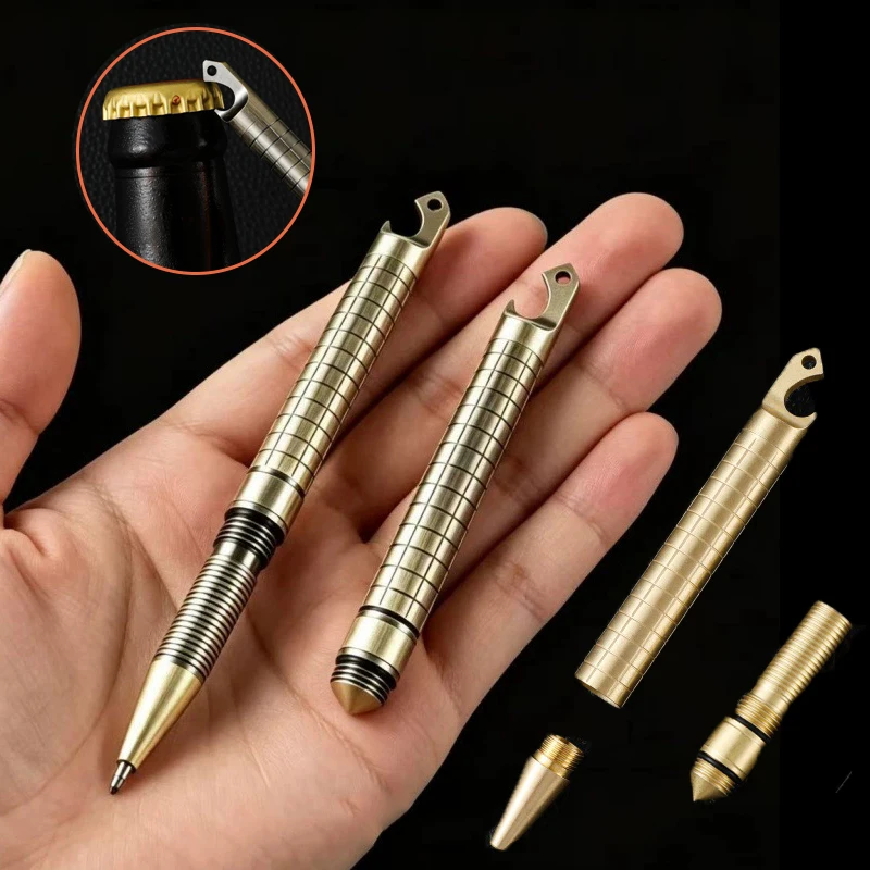 3 IN 1 Brass Writing Pen Ballpoint Pen Mini Bottle Opener Keychain Business Signature Stationery Gift Pen Window Breaker
