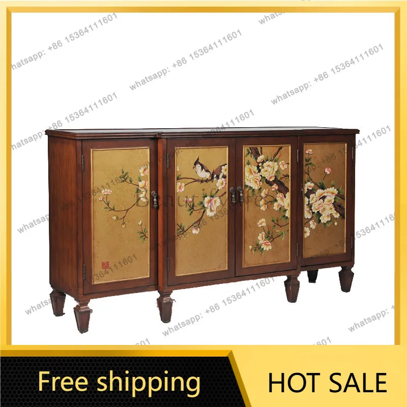 XX. Wood color retro and elegant national style large living room entrance four-door storage side cabinet