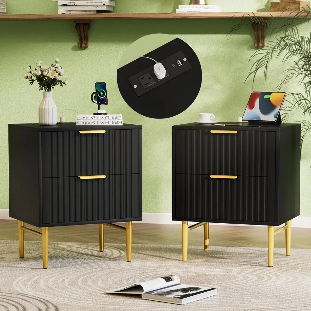 

Black Nightstand Set of 2 with Charging Station, Fluted Nightstand with Drawers, Modern Bedside Table with Gold Legs,