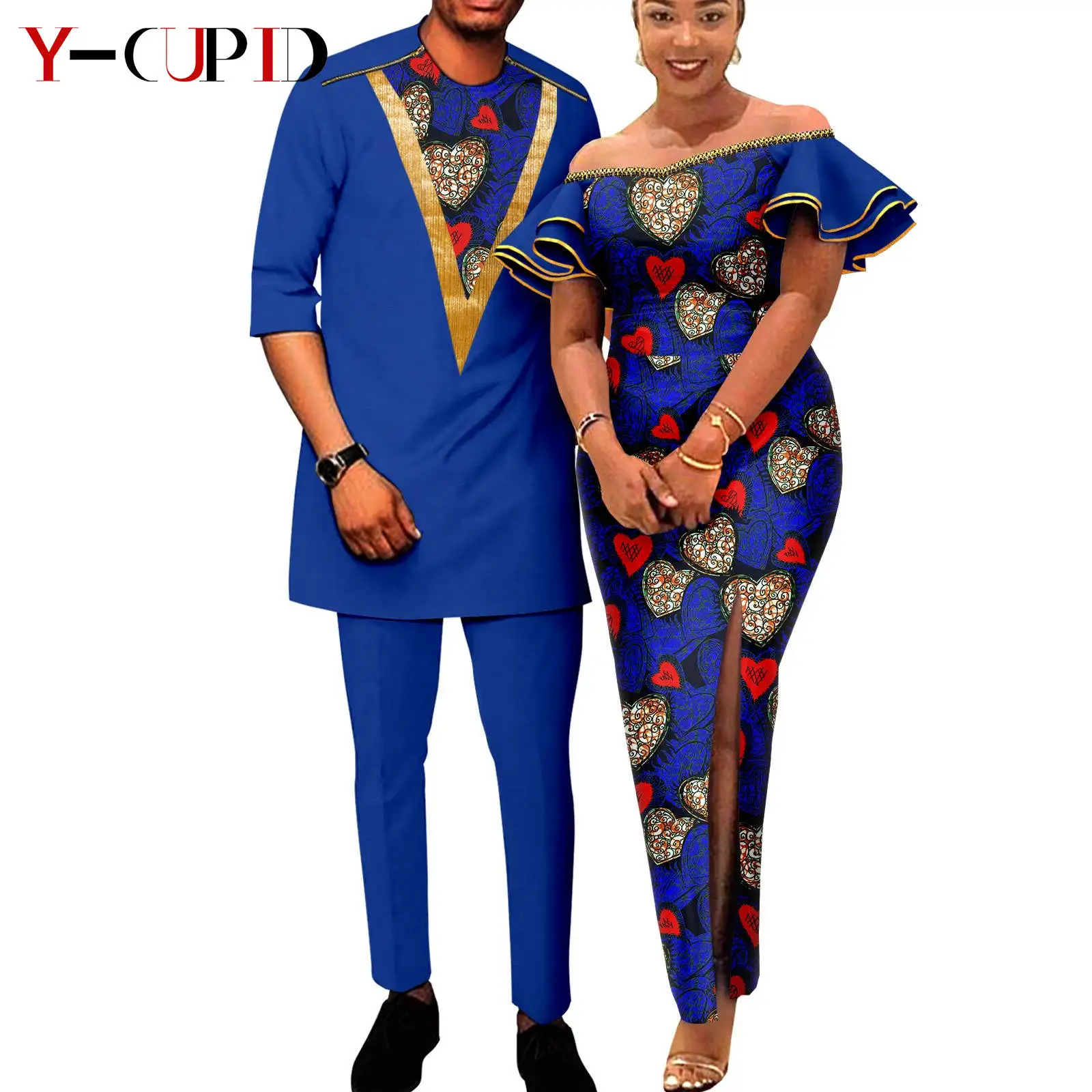 African Print Dresses for Women Ruffles Sleeve Fit Dresses Matching Couple Outfits Dashiki Men Zipper Shirt Pants Sets Y23C003