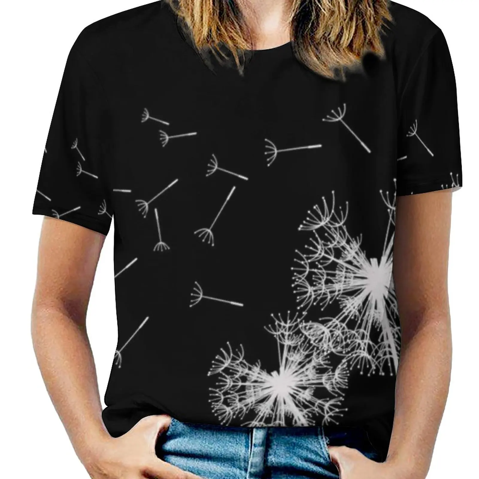 Pusteblumen-Dandelions Woman'S T-Shirt Spring And Summer Printed T Shirts Crew Neck Pullover Top Pusteblumen Dandelions Schwarz