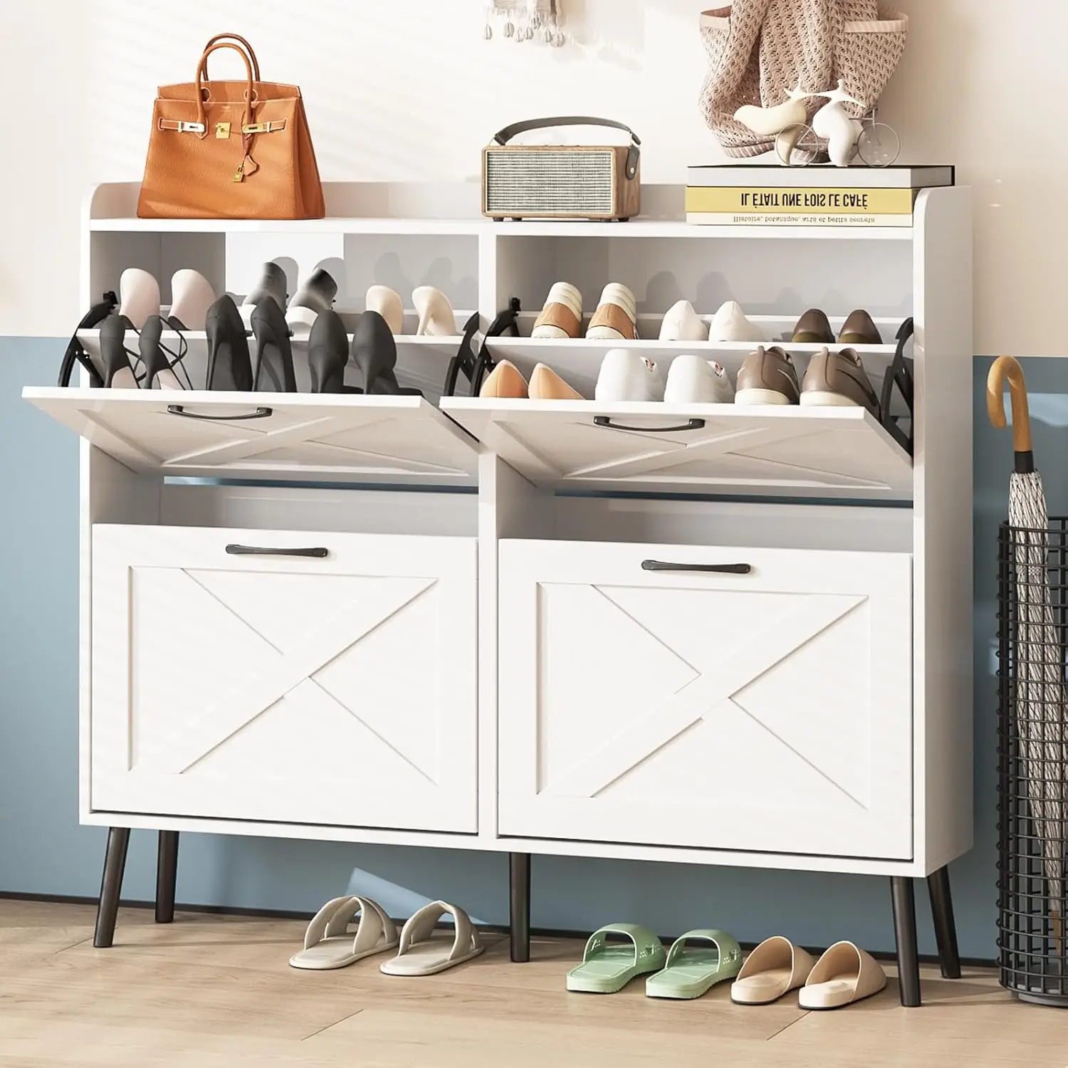 NEW Large Shoe Cabinet with 4 Flip Drawers, Freestanding Shoe Cabinet Organizer with Metal Drawer Bracket, Shoes Storage