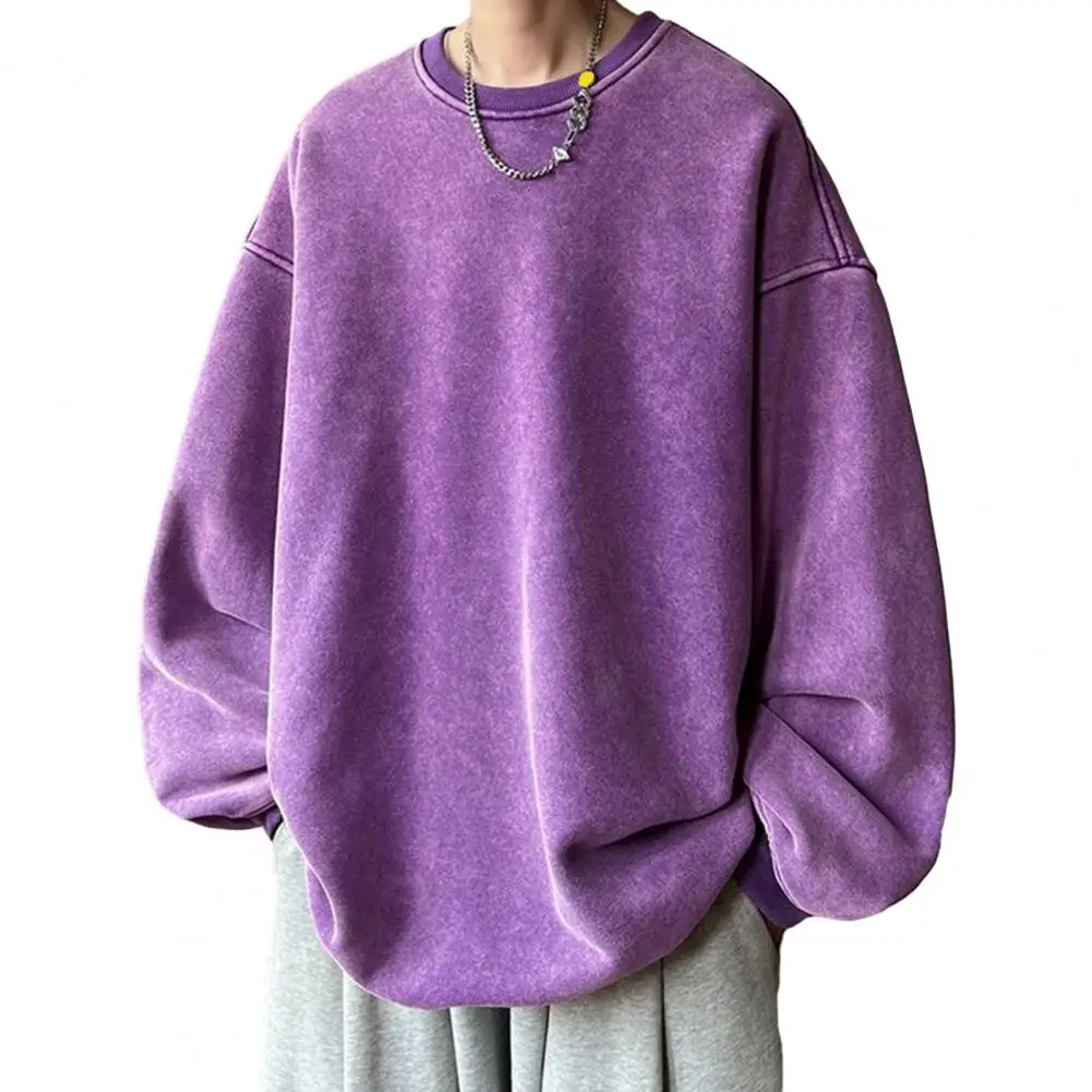 Oversized Sweatshirt Vintage Loose Solid Color Men's Sweatshirt Warm Pullover for Fall/winter Spring Mid-length Streetwear Top